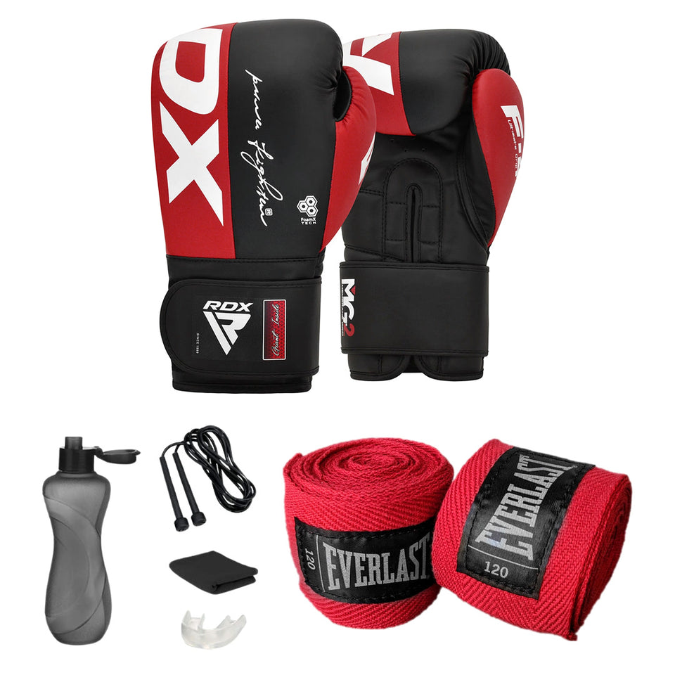 Combo Guantes RDX F4 rojo con accesorios