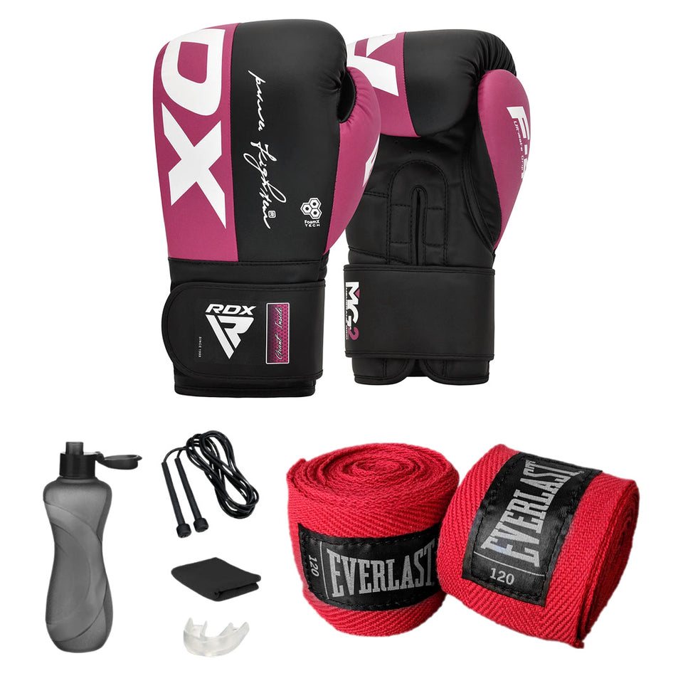 Combo Guantes RDX F4 rosado con accesorios
